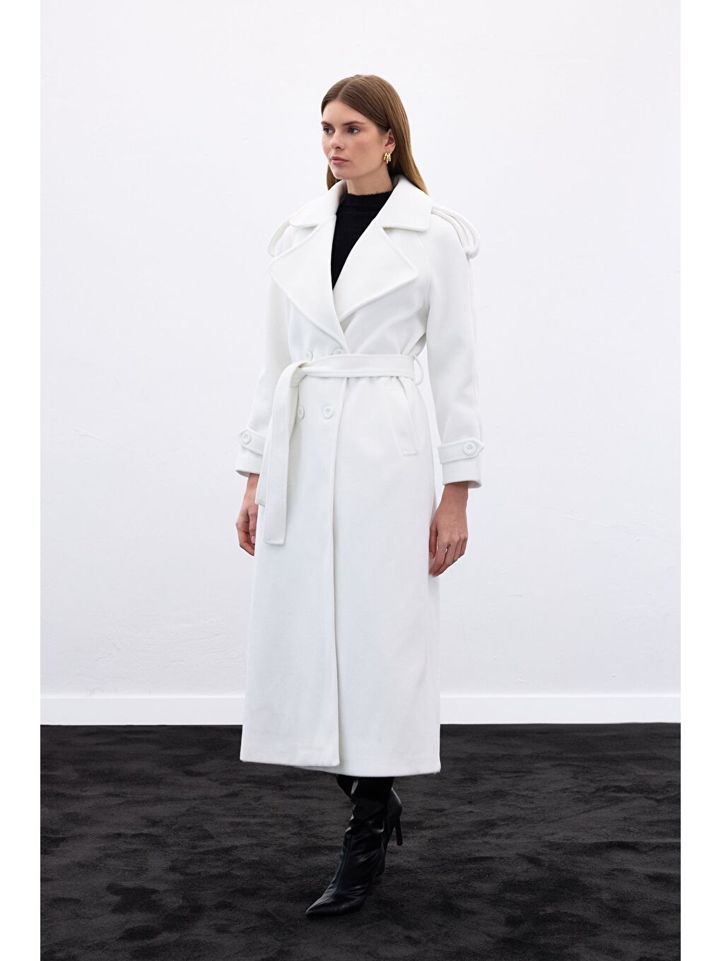 Geniş Yaka Uzun Kaban - Ekru-3