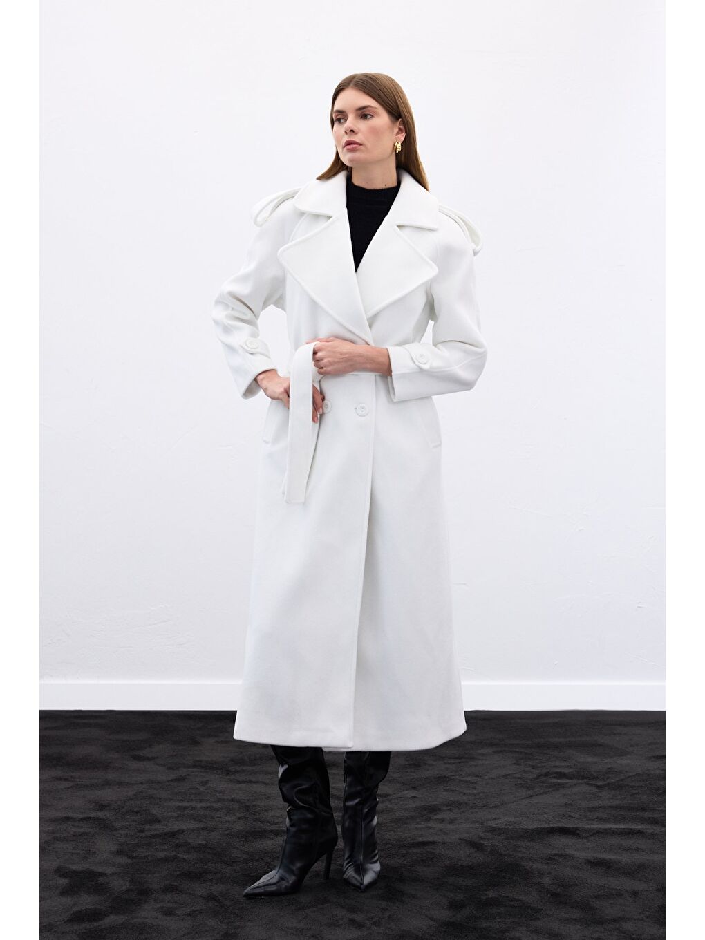 Geniş Yaka Uzun Kaban - Ekru-4