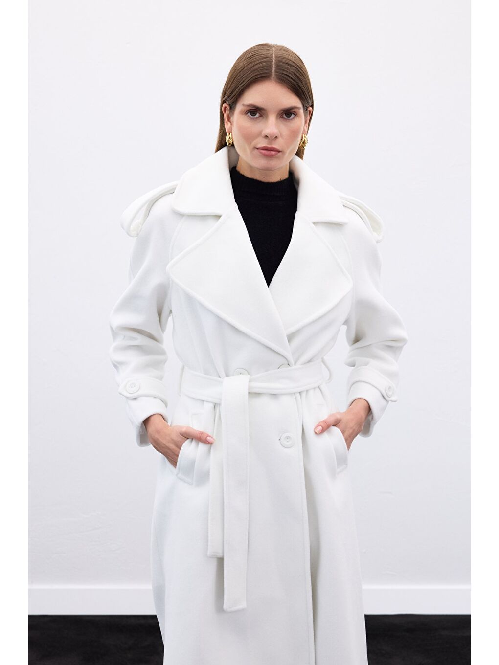 Geniş Yaka Uzun Kaban - Ekru-5