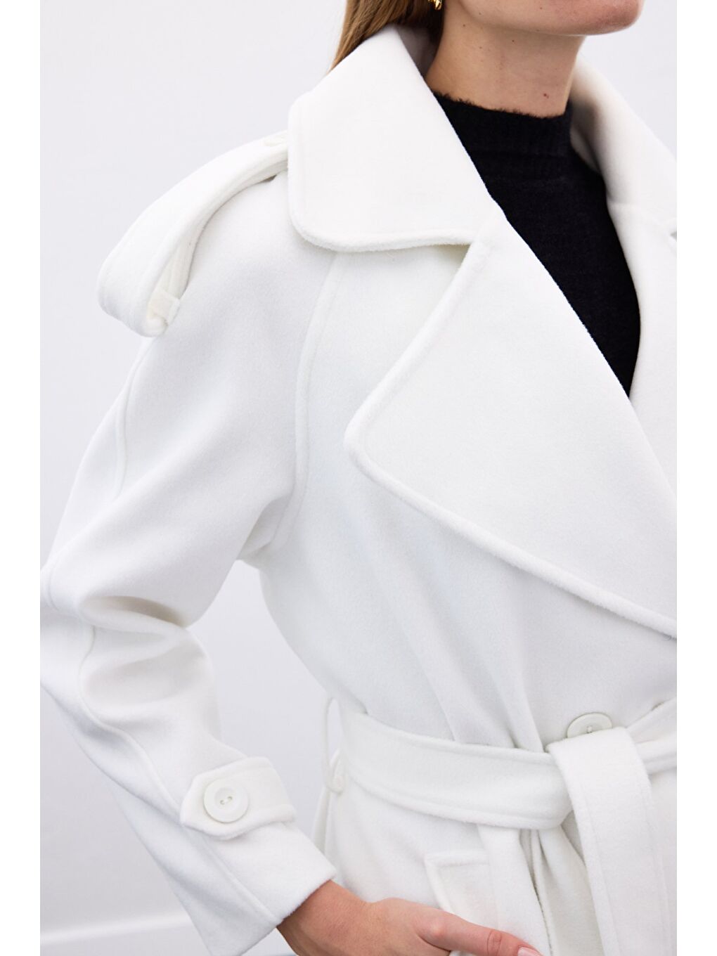 Geniş Yaka Uzun Kaban - Ekru-6