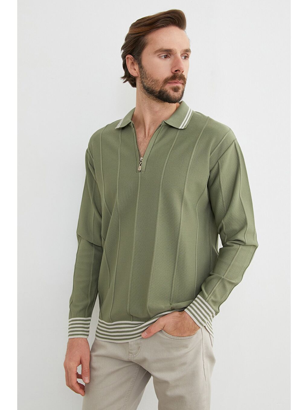 Haki Çizgili Polo Yaka Yarım Fermuarlı Triko Kazak