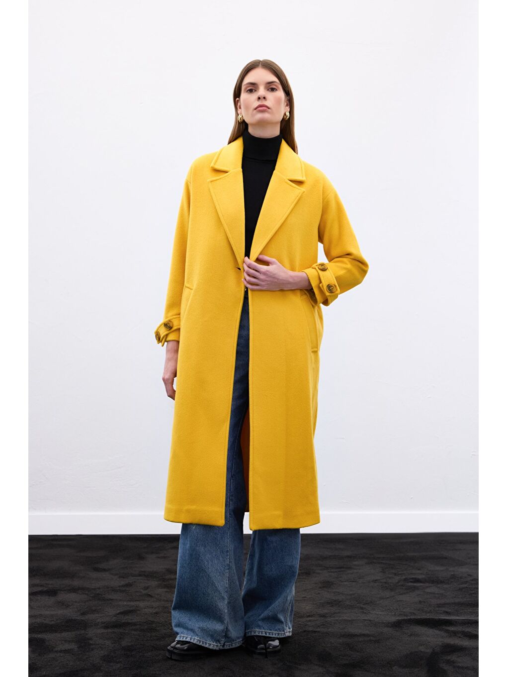 Kol Kemer Detaylı Salaş Kaban - Sarı-5