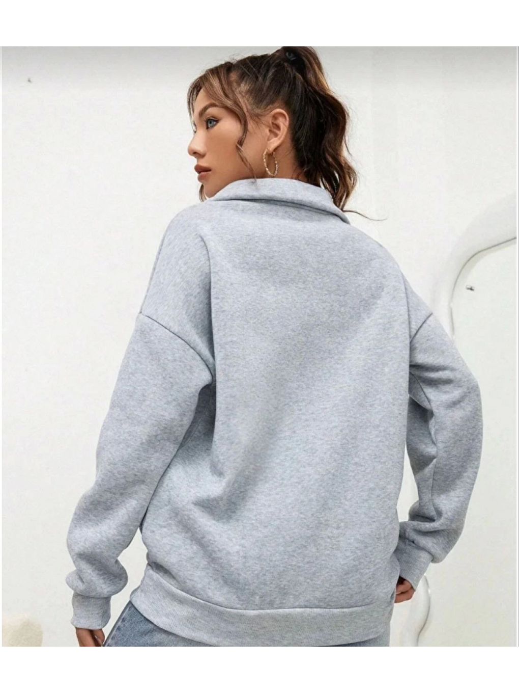 Unisex Uzun Kol Yarım Farmuarlı Yakalı Basic Sweatshirt - Gri-1