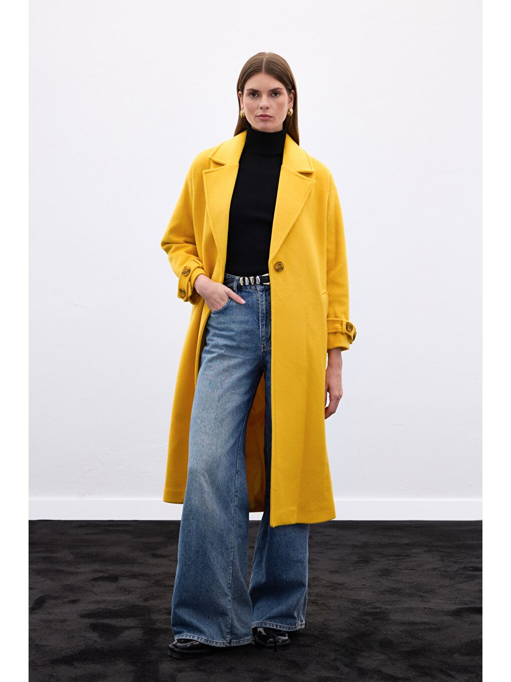 Kol Kemer Detaylı Salaş Kaban - Sarı-6