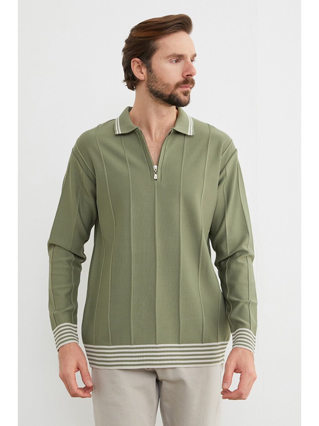 Haki Çizgili Polo Yaka Yarım Fermuarlı Triko Kazak-1