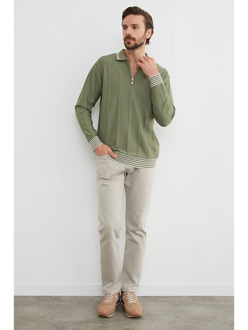 Haki Çizgili Polo Yaka Yarım Fermuarlı Triko Kazak-2