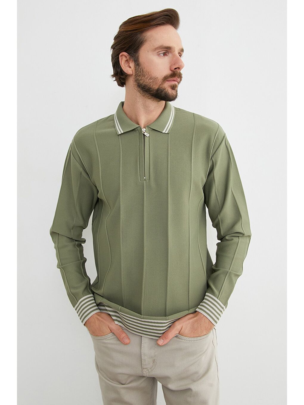 Haki Çizgili Polo Yaka Yarım Fermuarlı Triko Kazak-3