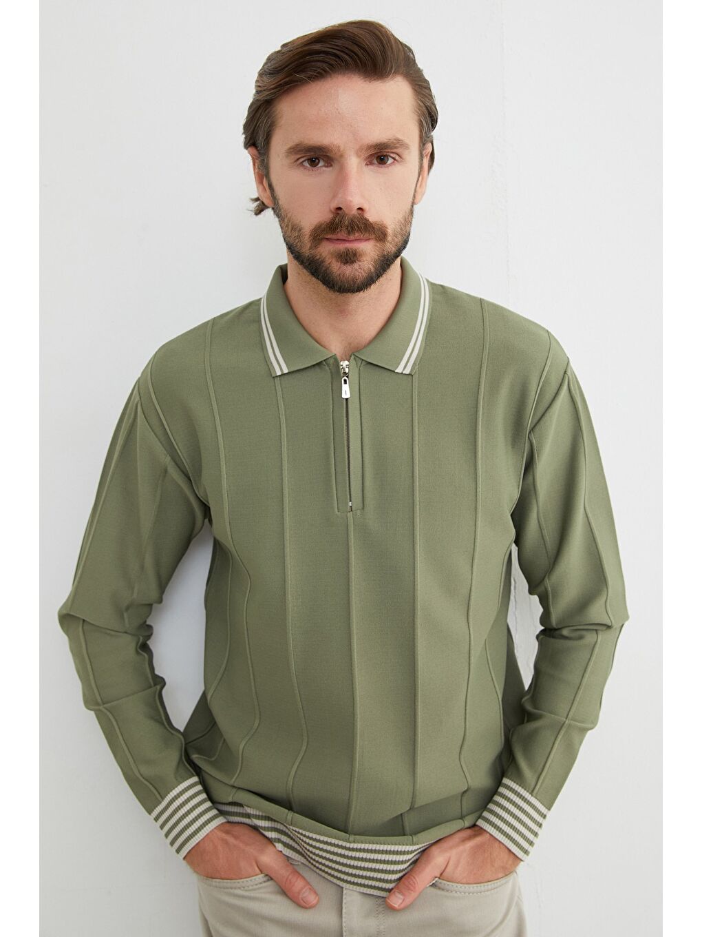 Haki Çizgili Polo Yaka Yarım Fermuarlı Triko Kazak-4