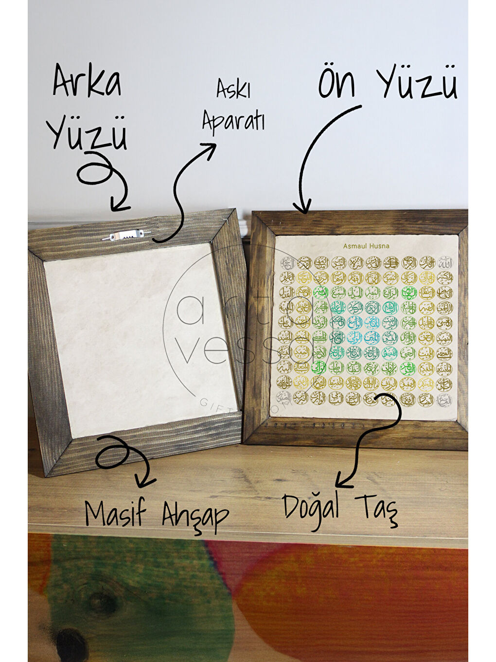 Beyaz Masif Ahşap Çerçeveli Taş Tablo Pano 26 x 26 cm - Esmaül Hüsna - 16 x 16-2