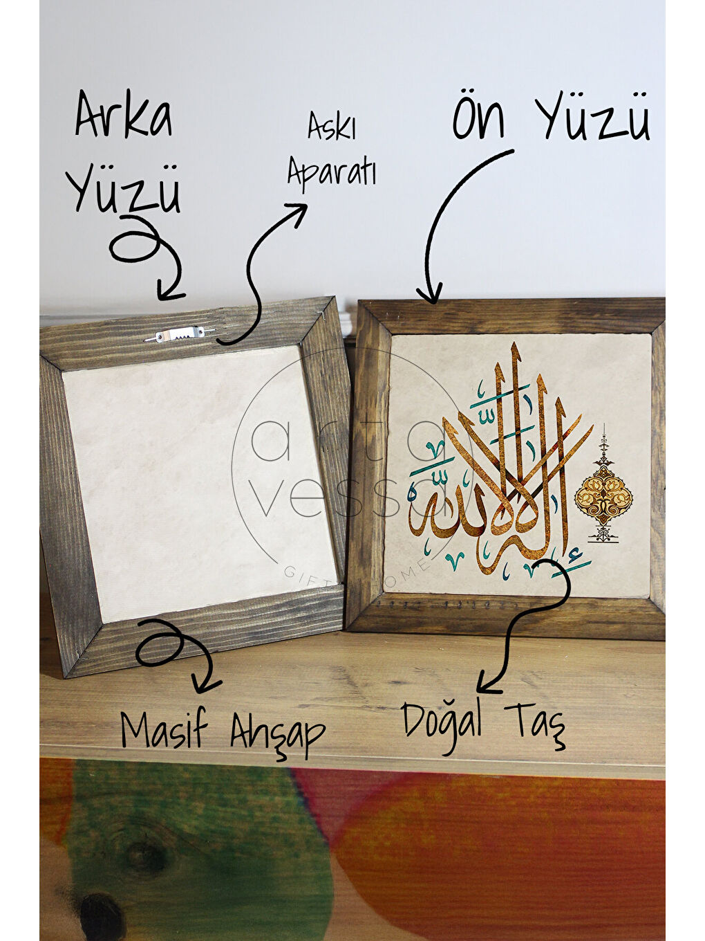 Beyaz Masif Ahşap Çerçeveli Taş Tablo Pano 16 x 16 cm - İslami Model 10 - 26 x 26-2