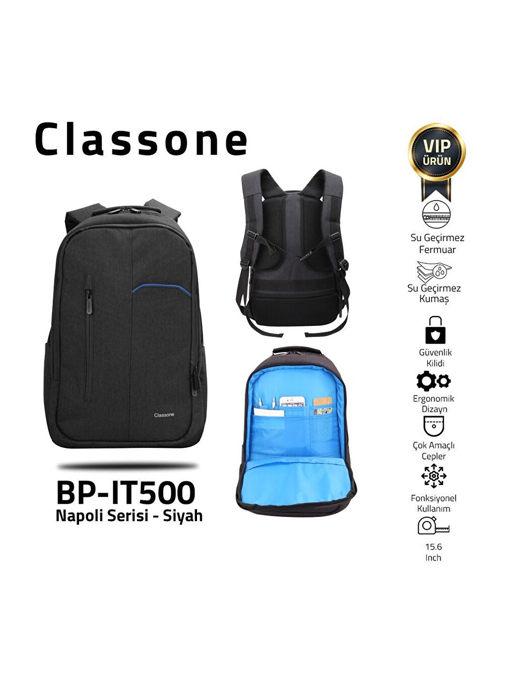 Classone Siyah BP-IT500 WTXpro Su Geçirmez Kumaş Napoli 15.6 Serisi Sırt Laptop Günlük Sırt Çantası - 4