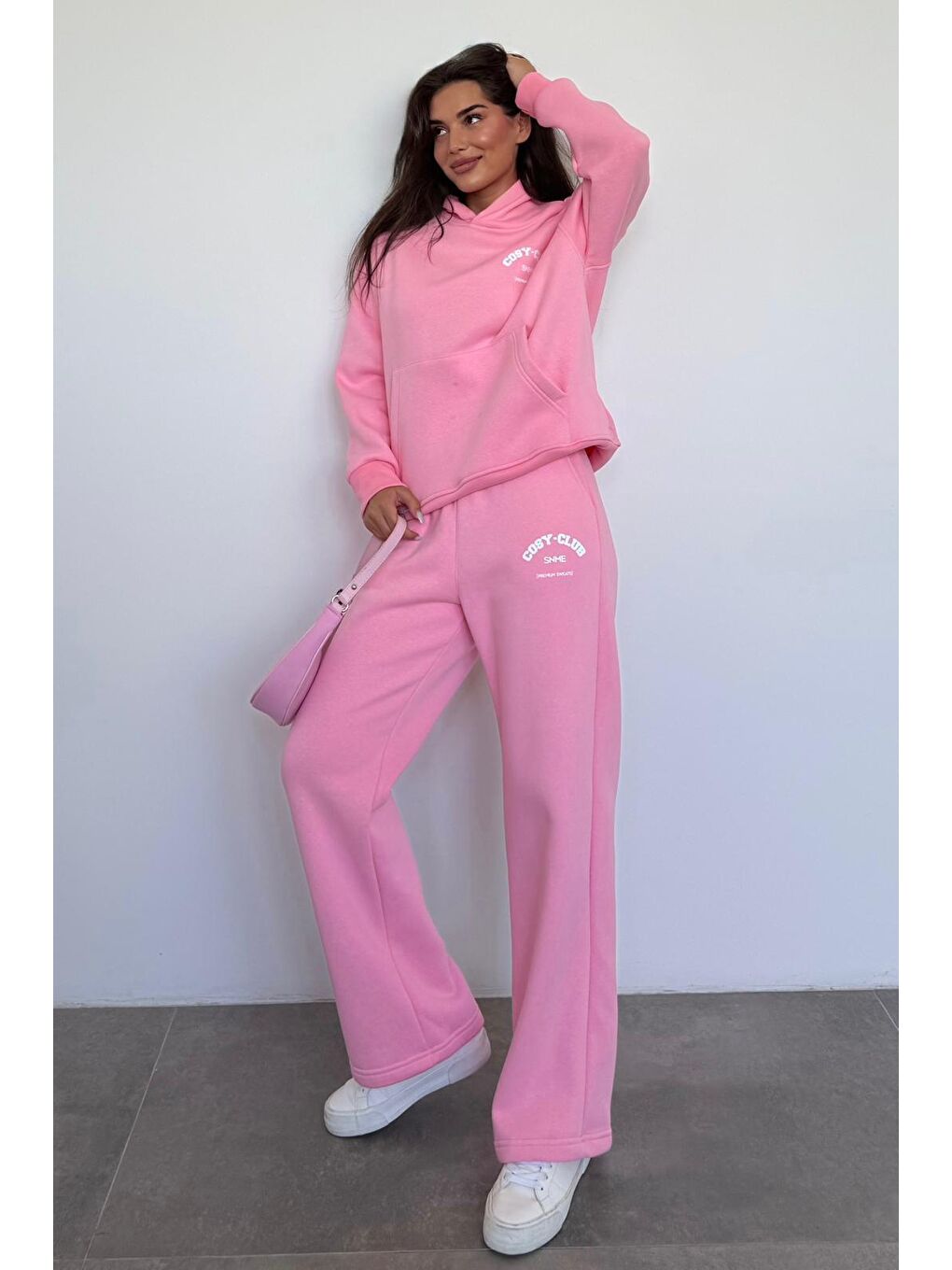 Pembe Kapüşonlu Baskılı Kadın Eşofman Takımı Mg2524-6