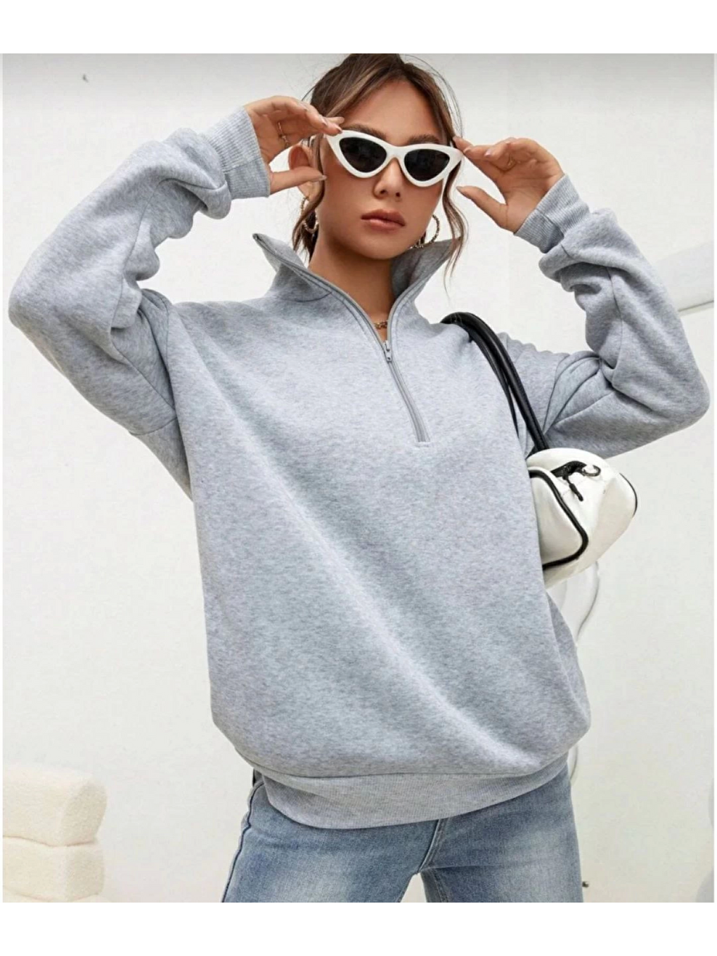 Unisex Uzun Kol Yarım Farmuarlı Yakalı Basic Sweatshirt - Gri-2