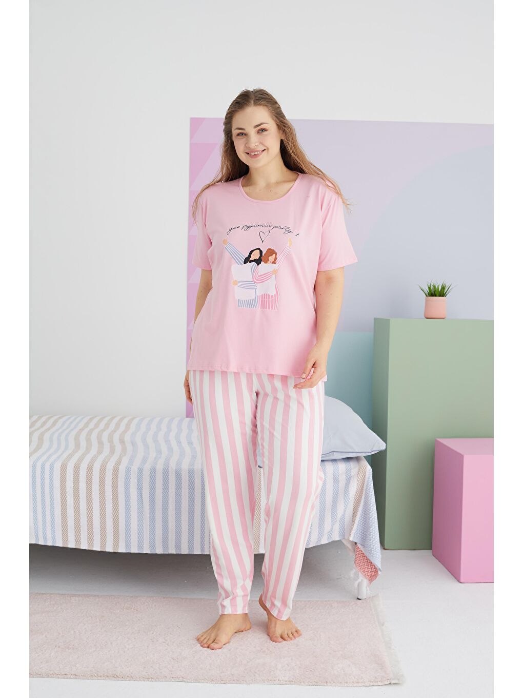 SİYAH İNCİ Açık Pembe Pembe Curve Büyük Beden Battal Boy Pamuklu Örme Pijama Takımı