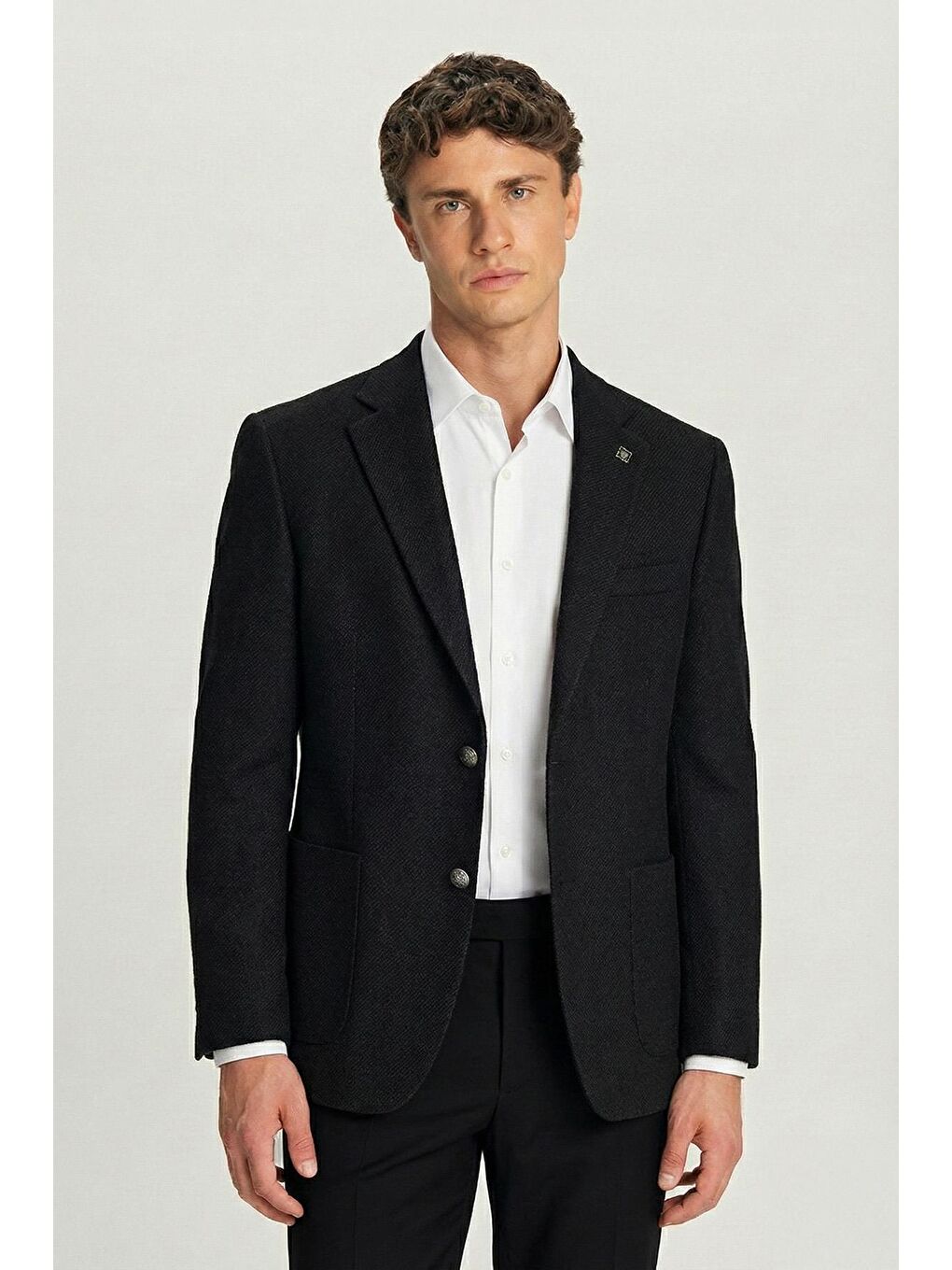 Siyah Slim Fit Yün Karışımlı Mono Yaka Desenli Erkek Ceket
