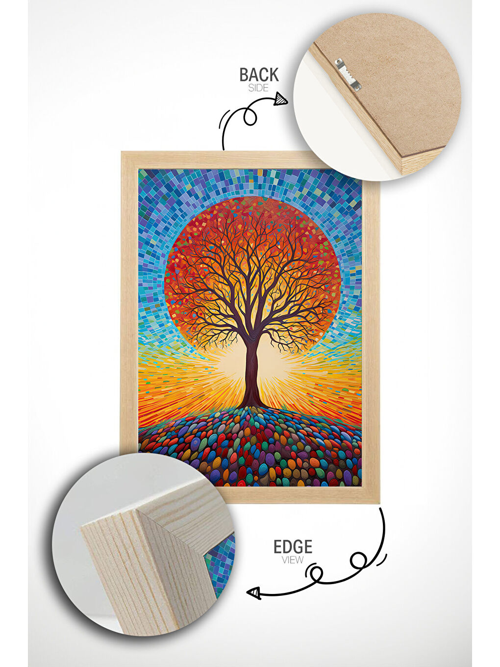 Beyaz Tek Parça Gerçek Ham Ahşap Çerçeveli Mosaic Temalı Tablo - Model 2 - MSCARTMDL2-5070-3