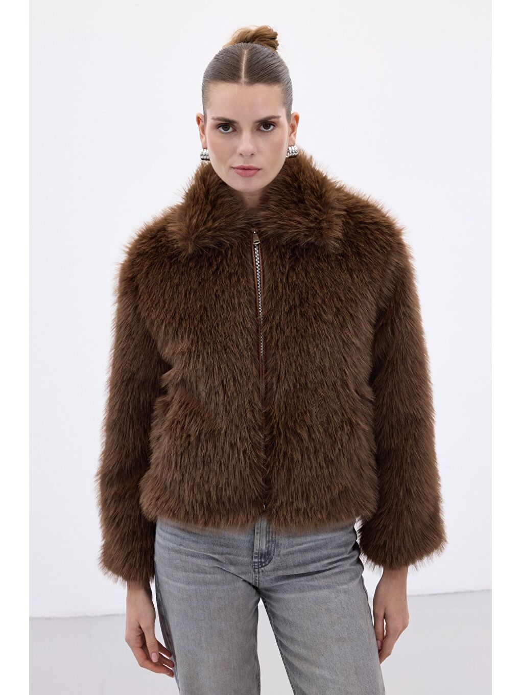 Kahverengi Fermuarlı Kürk - Kahve-1