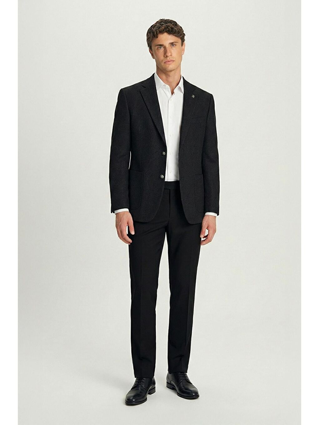 Siyah Slim Fit Yün Karışımlı Mono Yaka Desenli Erkek Ceket-1