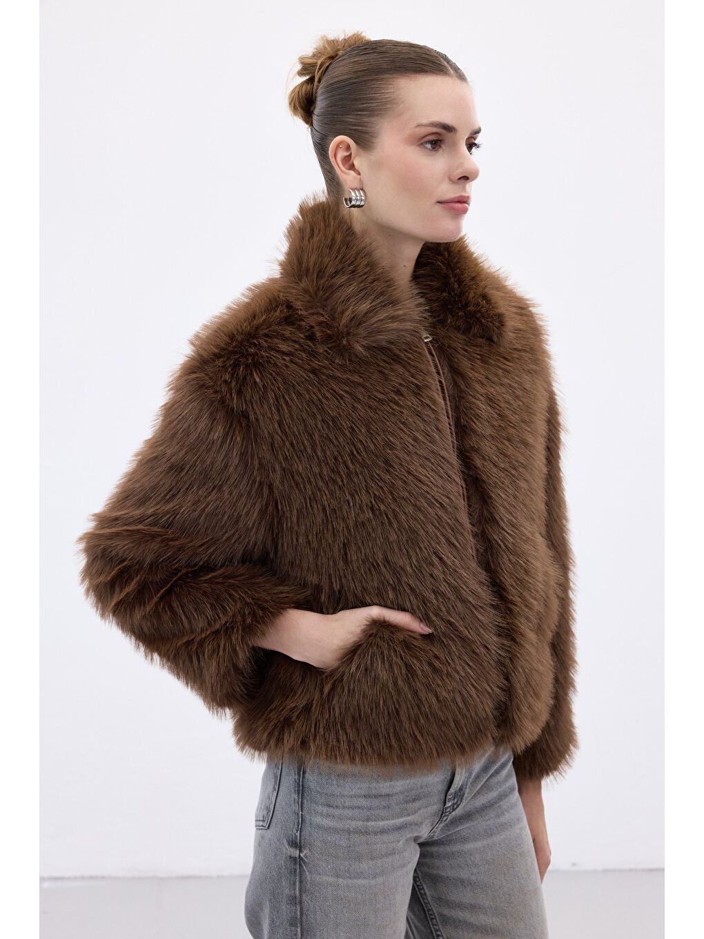 Kahverengi Fermuarlı Kürk - Kahve-2