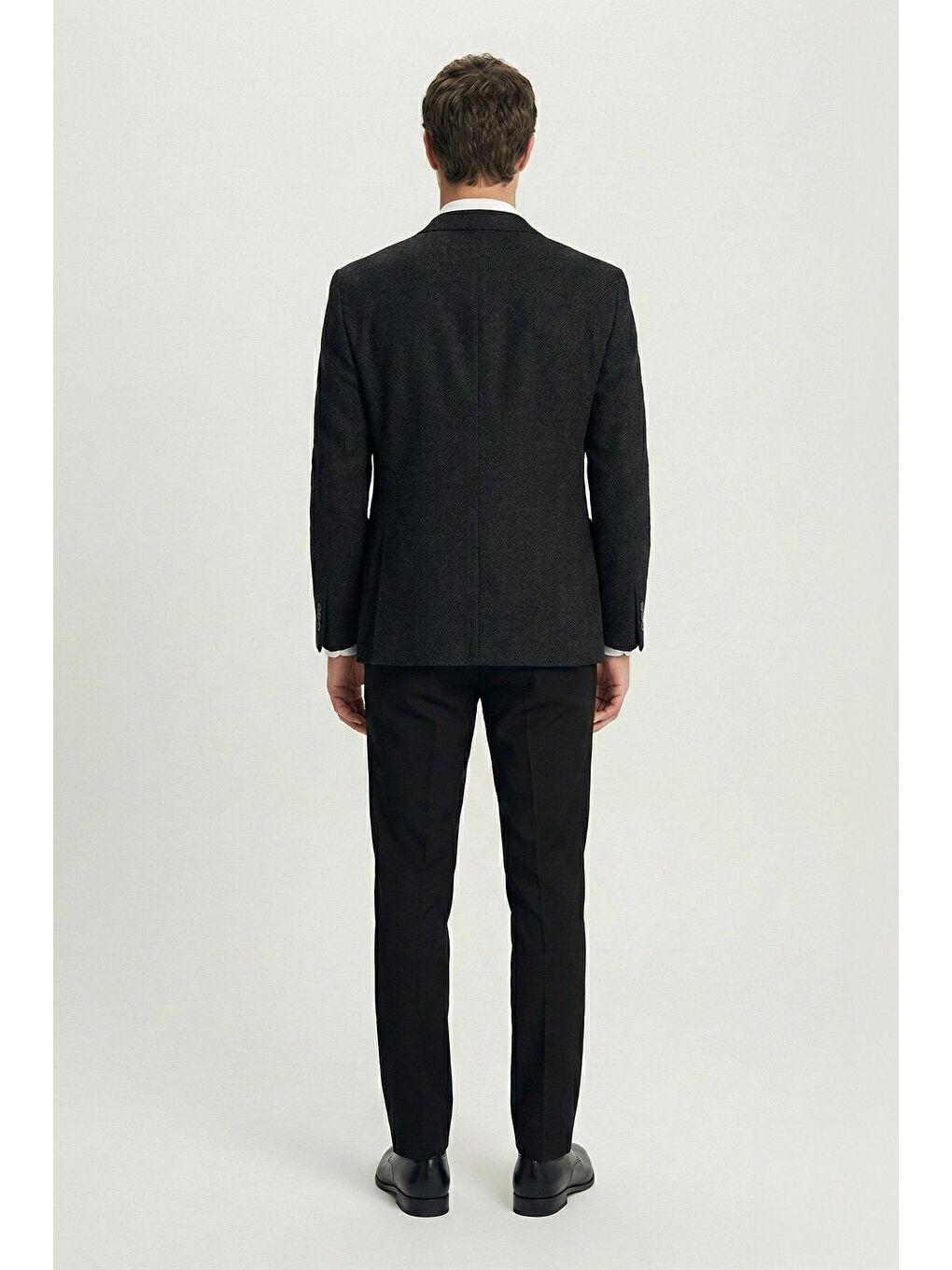 Siyah Slim Fit Yün Karışımlı Mono Yaka Desenli Erkek Ceket-2