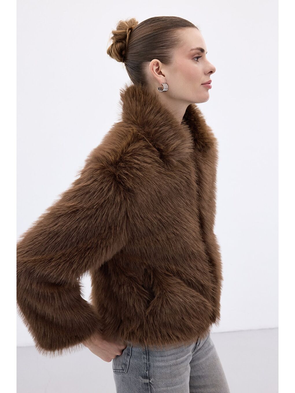 Kahverengi Fermuarlı Kürk - Kahve-4