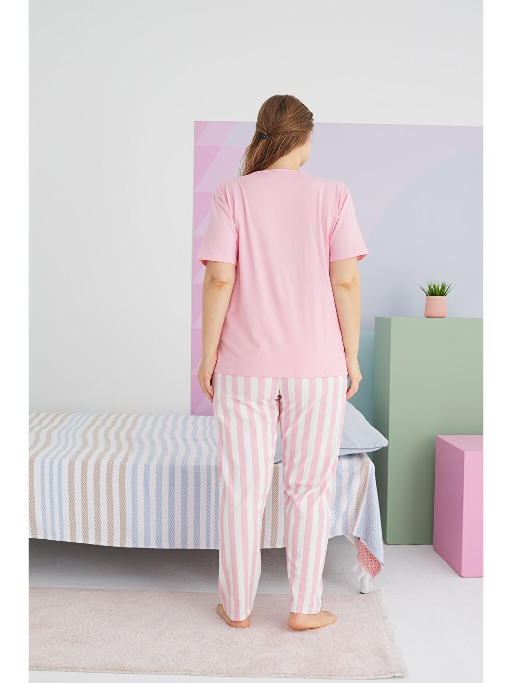 SİYAH İNCİ Açık Pembe Pembe Curve Büyük Beden Battal Boy Pamuklu Örme Pijama Takımı - 2