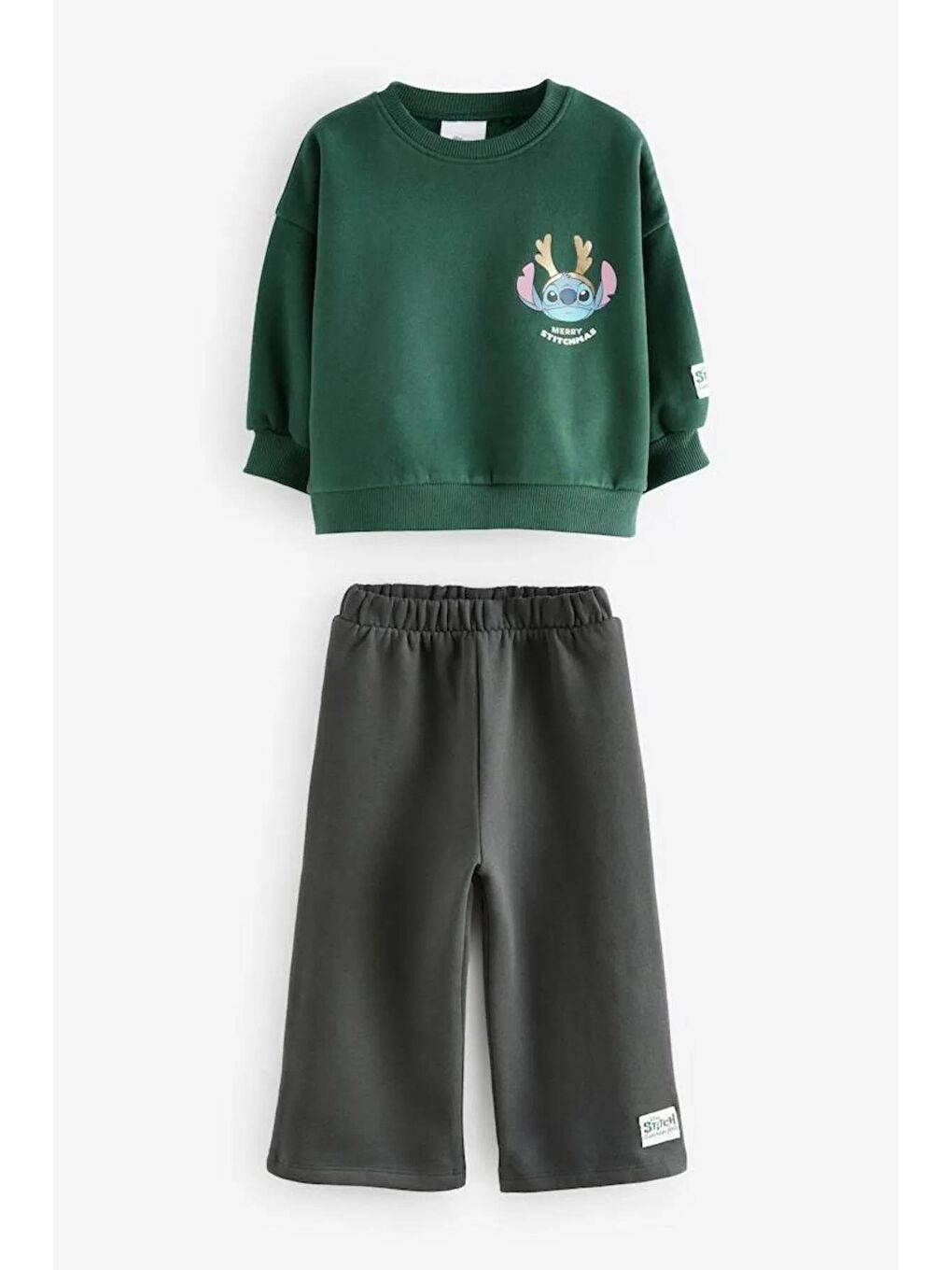 Stitch Baskılı Kız/Erkek Çocuk Oversize Sweatshirt Ve Eşofman Takımı - Yeşil-2