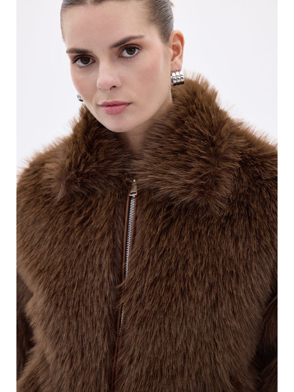 Kahverengi Fermuarlı Kürk - Kahve-6