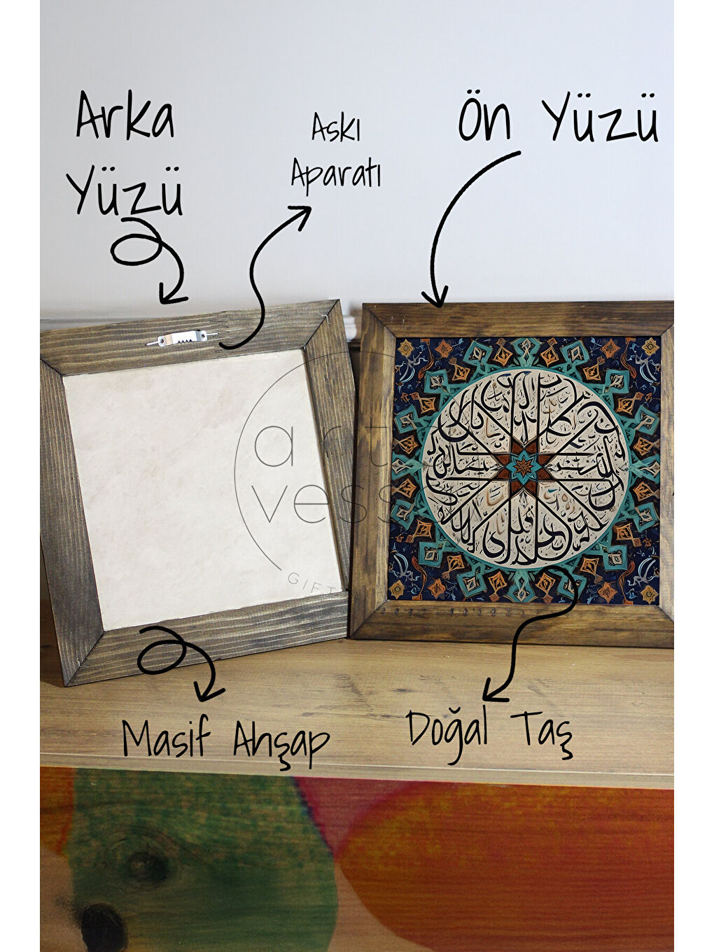 Beyaz Masif Ahşap Çerçeveli Taş Tablo Pano 26 x 26 cm - Çini 2 - 26 x 26-2