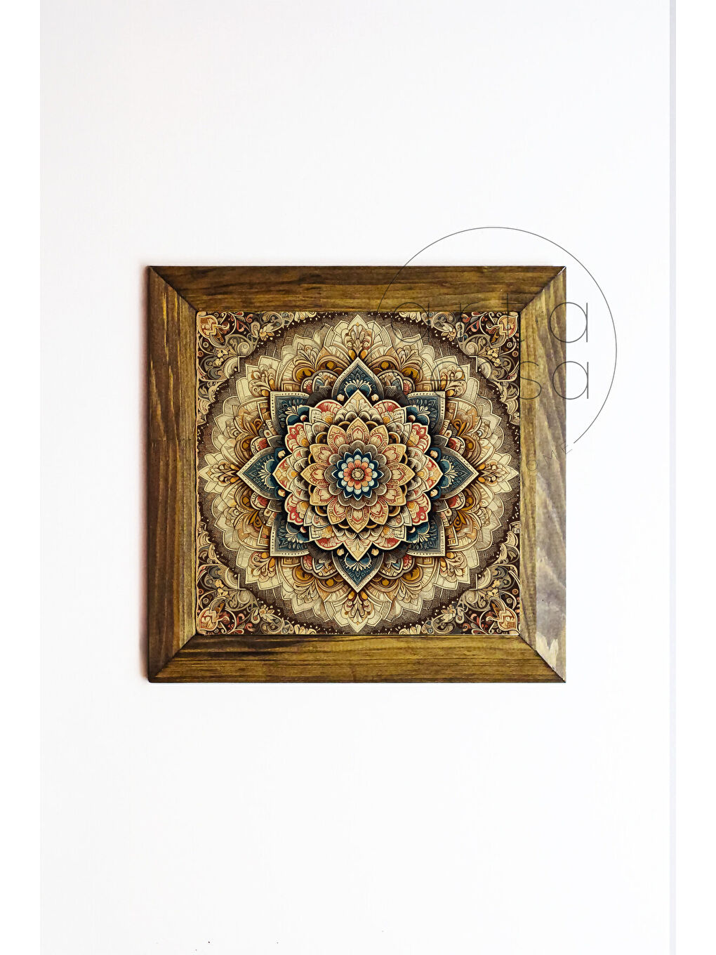 Beyaz Masif Ahşap Çerçeveli Taş Tablo Pano 16 x 16 cm - Mandala 1 - 26 x 26-1