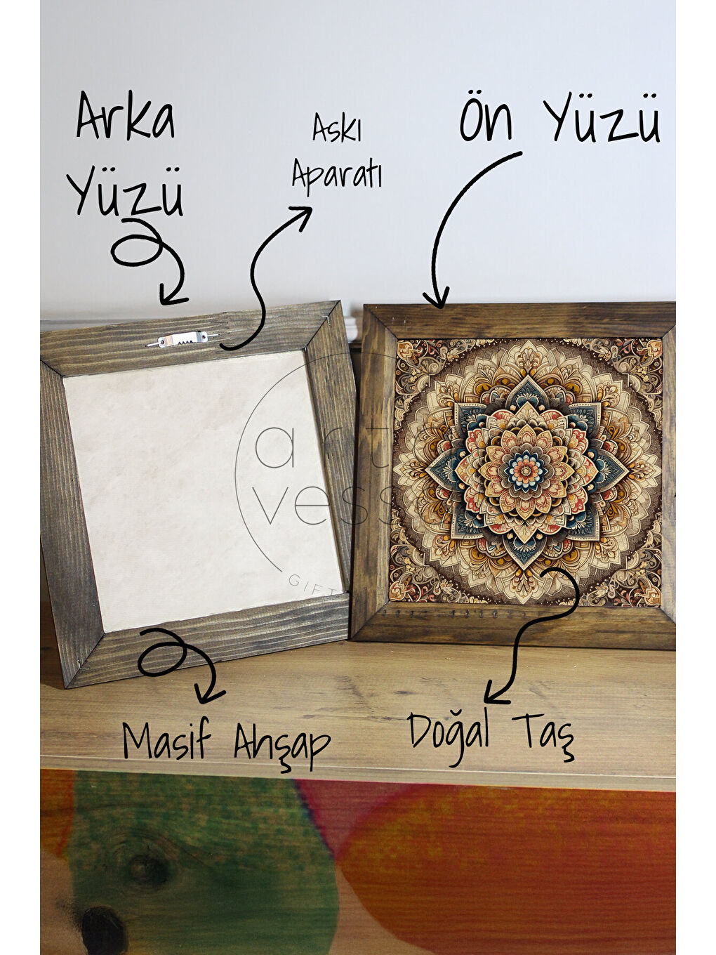 Beyaz Masif Ahşap Çerçeveli Taş Tablo Pano 16 x 16 cm - Mandala 1 - 26 x 26-2