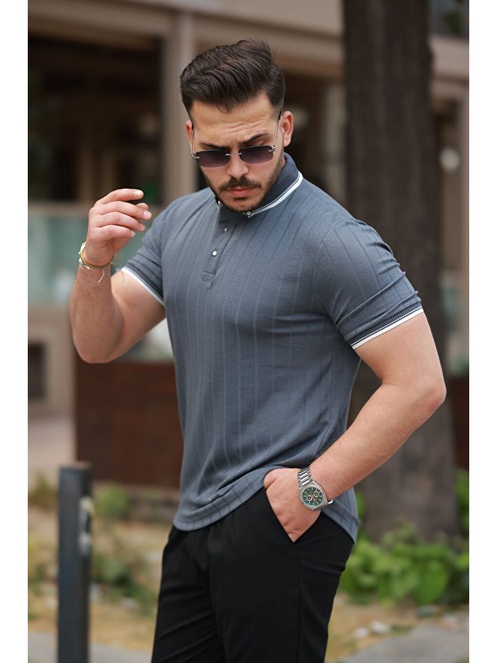 Antrasit Erkek Düğme Yakalı Jakar Kumaş Kısa Kollu Tişört-1