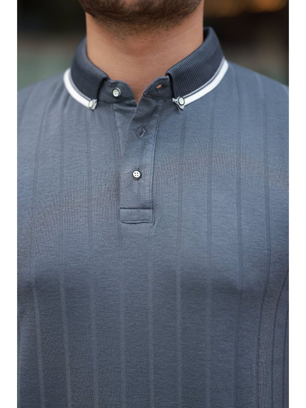 Antrasit Erkek Düğme Yakalı Jakar Kumaş Kısa Kollu Tişört-2