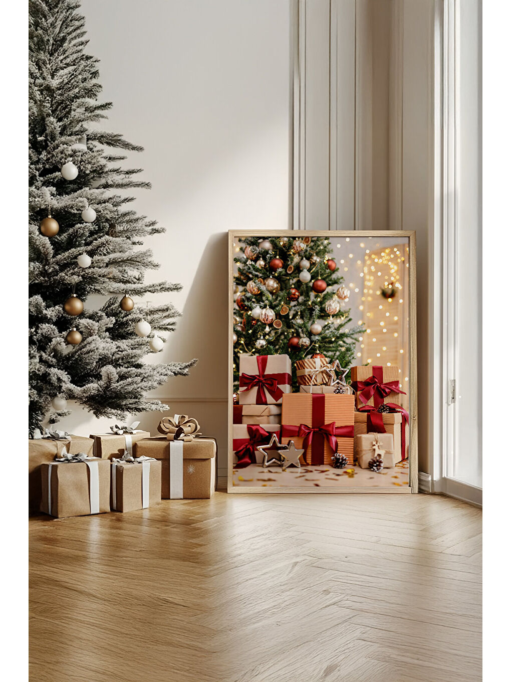 Beyaz Tek Parça Gerçek Ham Ahşap Çerçeveli Yılbaşı(New Year) Temalı Tablo - Model 58 - NWYEARSNGMDL58-3348