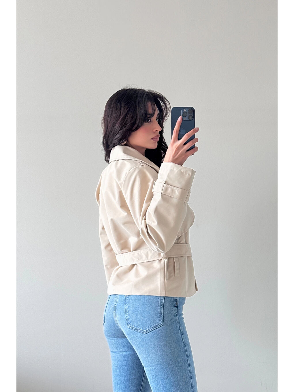 Kadın Ekru Kısa Trenç 1006-6061-1