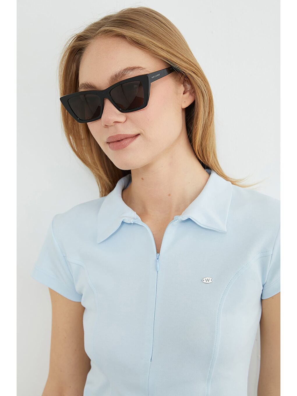 Mavi Metal Aksesuarlı Yarım Fermuarlı Slim Fit Tişört-3