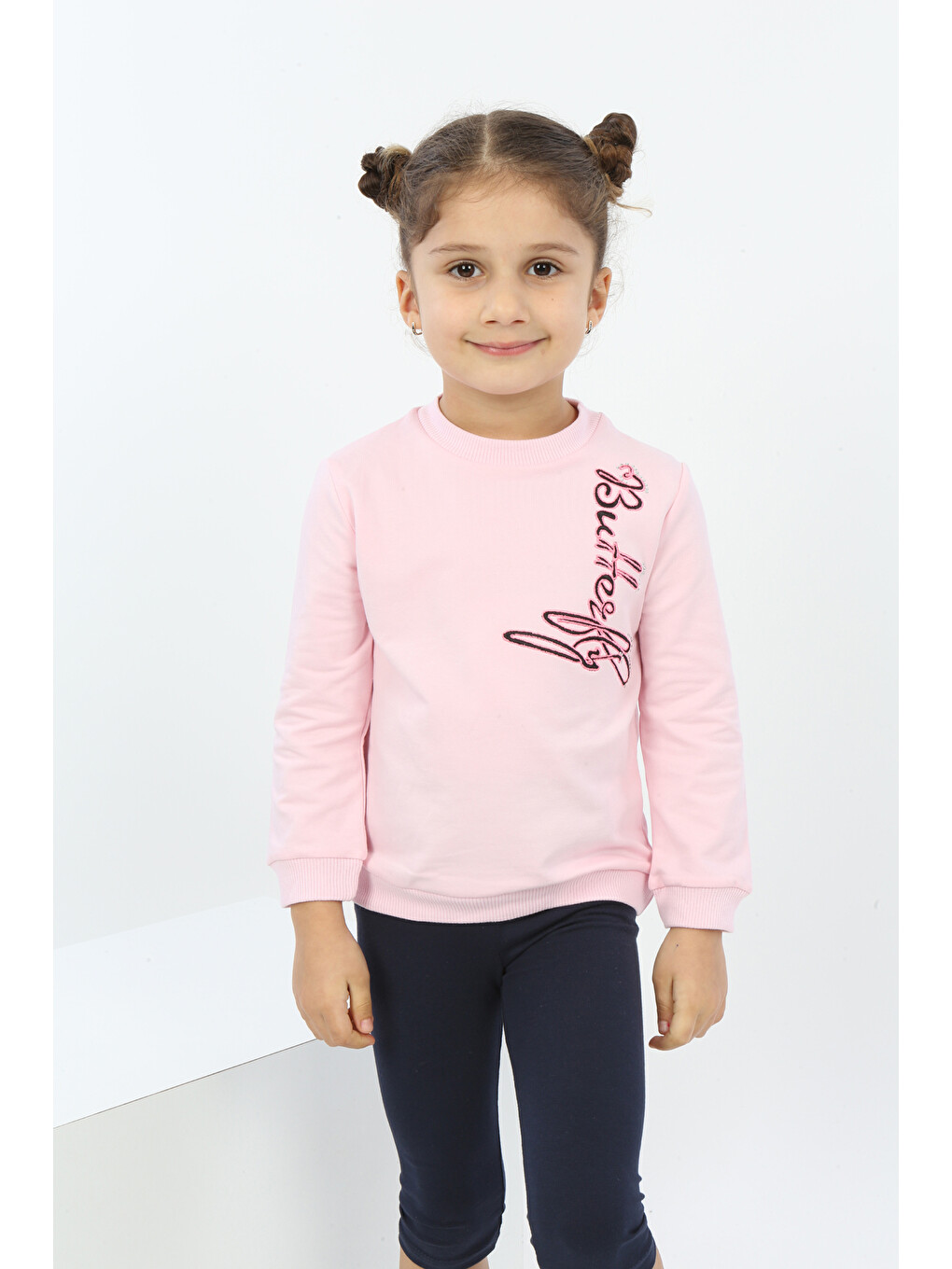 Pembe Kız Çocuk Butterfly Nakışlı Sweatshirt