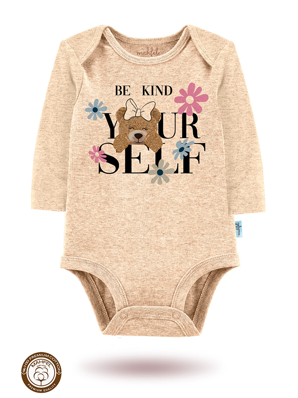 Bej 3 lü  100 Pamuklu Organik Baskılı Çıtçıtlı Bebek Body Zıbın-1