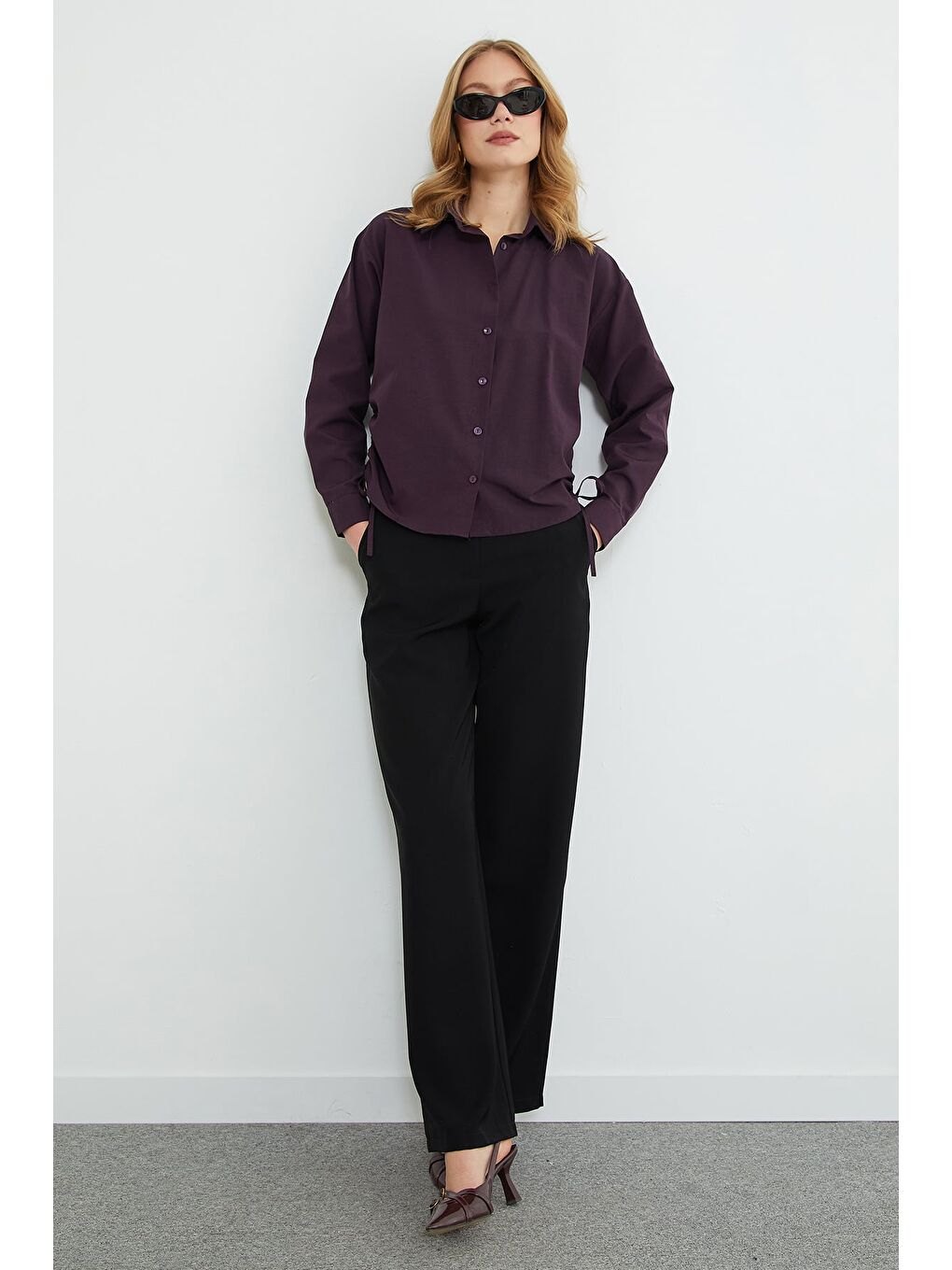 Mürdüm Basic Yanları Büzgülü Salaş Gömlek-1