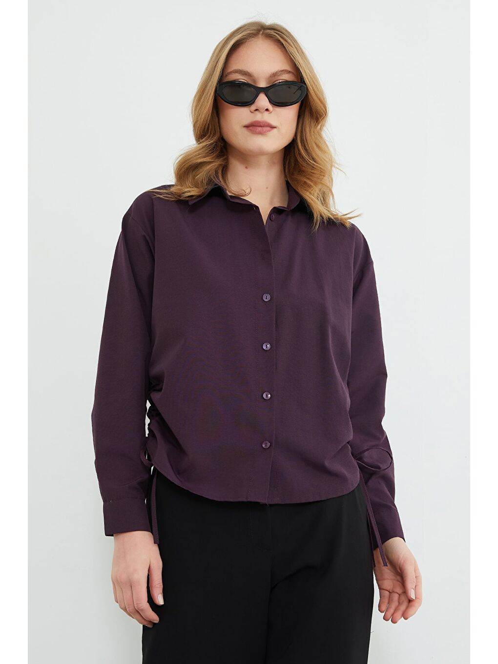 Mürdüm Basic Yanları Büzgülü Salaş Gömlek-2