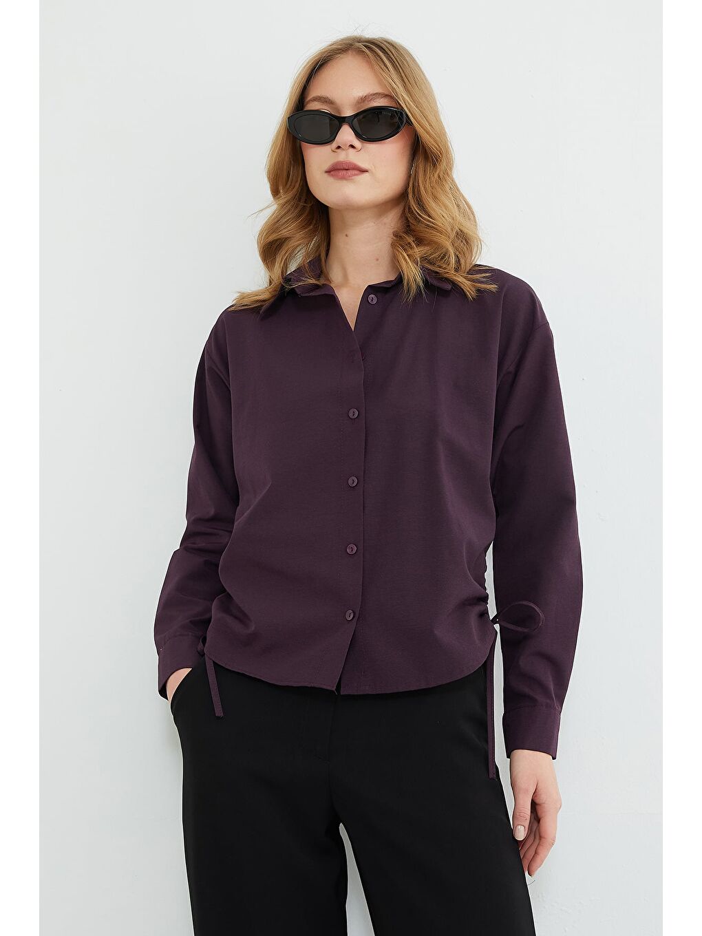 Mürdüm Basic Yanları Büzgülü Salaş Gömlek-4