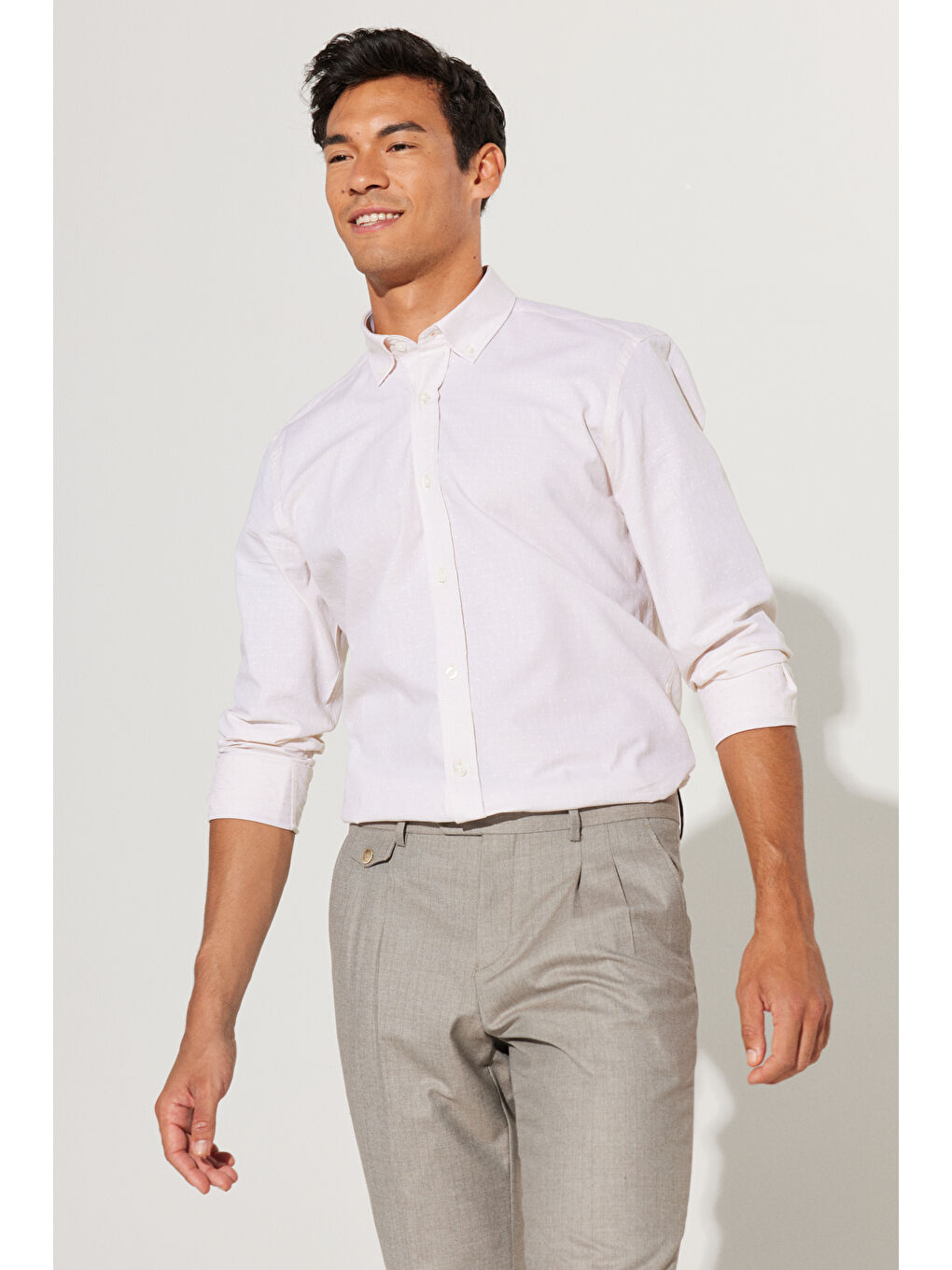 Erkek Bej Slim Fit Dar Kewsim Düğmeli Yaka %100 Pamuk Armürlü Gömlek-3