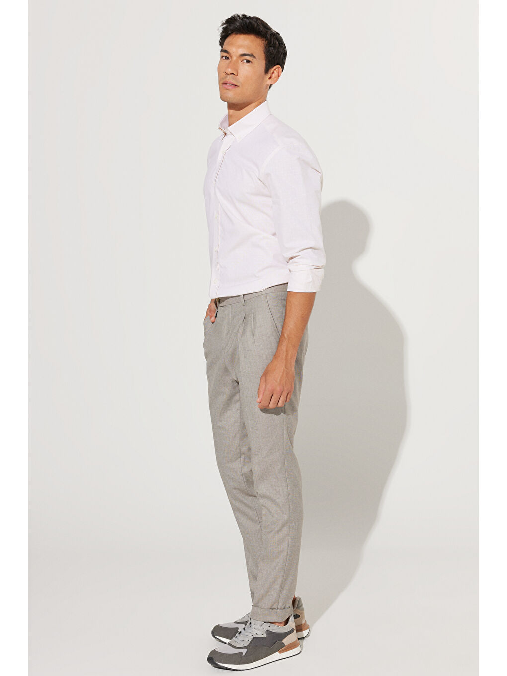 Erkek Bej Slim Fit Dar Kewsim Düğmeli Yaka %100 Pamuk Armürlü Gömlek-4