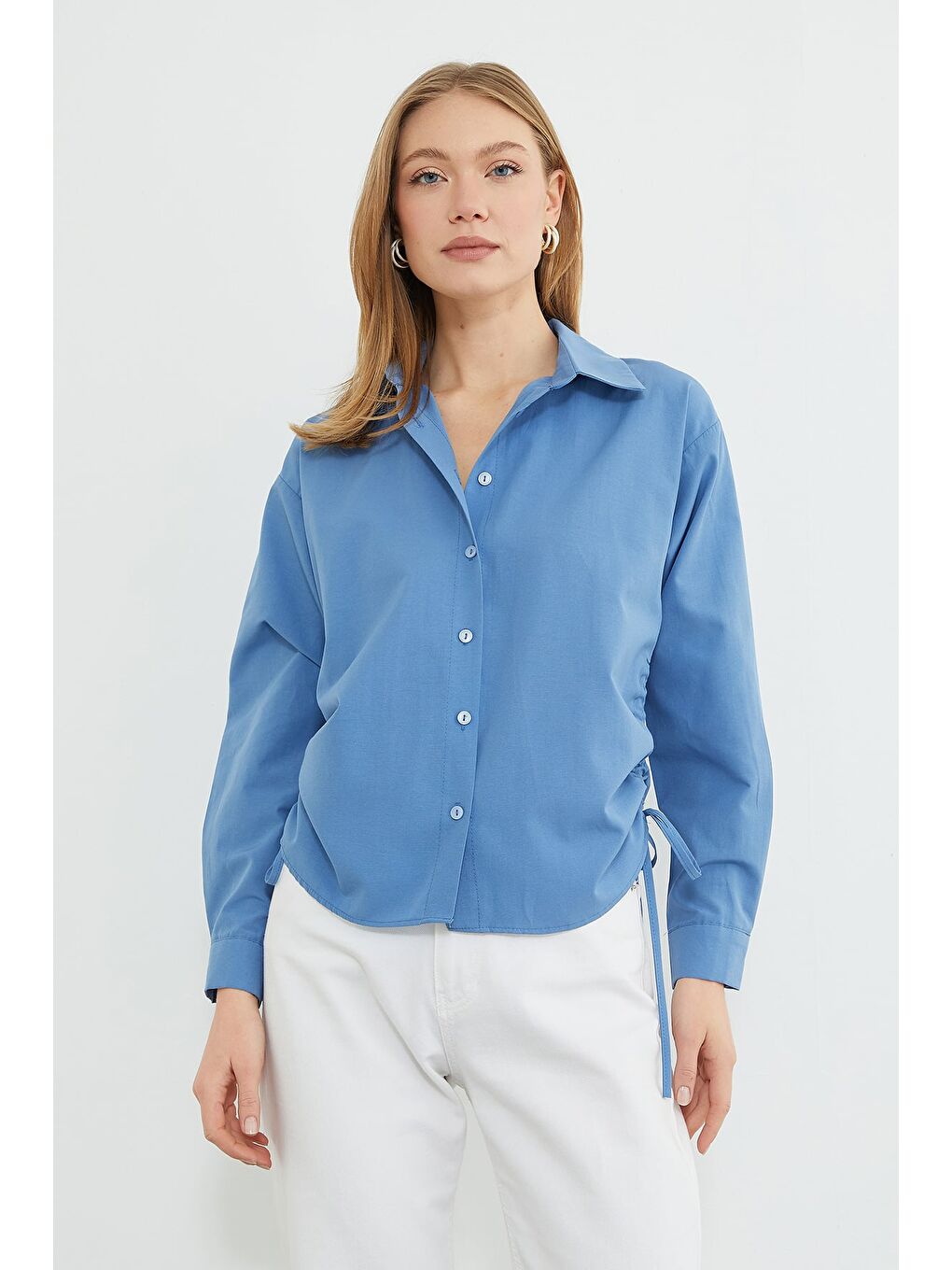 Mavi Basic Yanları Büzgülü Salaş Gömlek-1