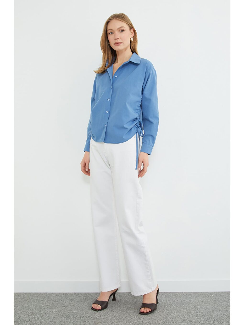 Mavi Basic Yanları Büzgülü Salaş Gömlek-2