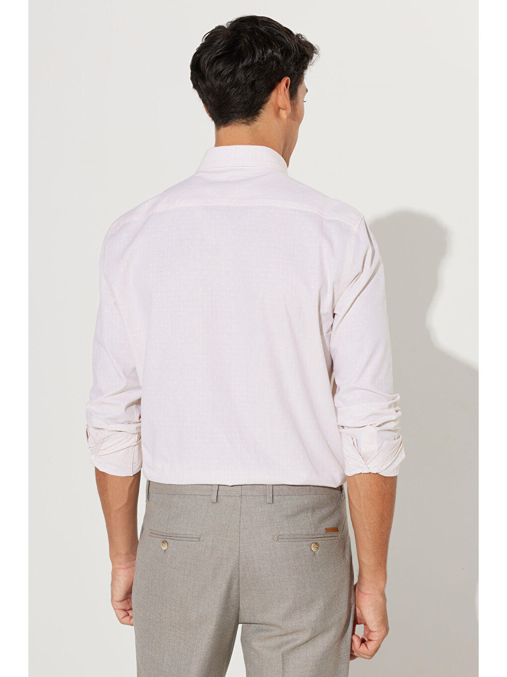 Erkek Bej Slim Fit Dar Kewsim Düğmeli Yaka %100 Pamuk Armürlü Gömlek-6