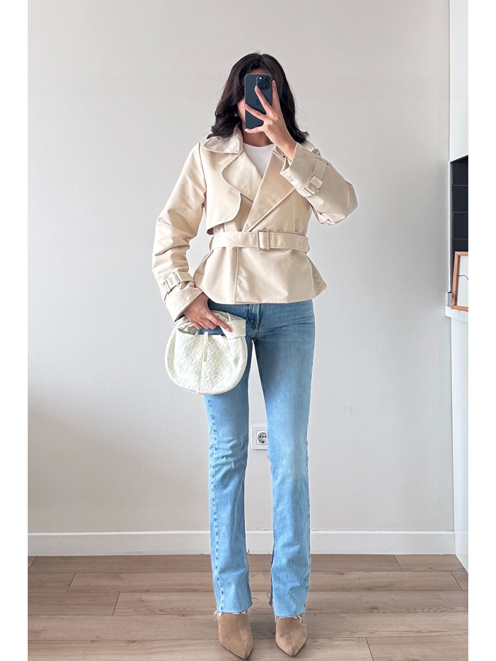 Kadın Ekru Kısa Trenç 1006-6061-2