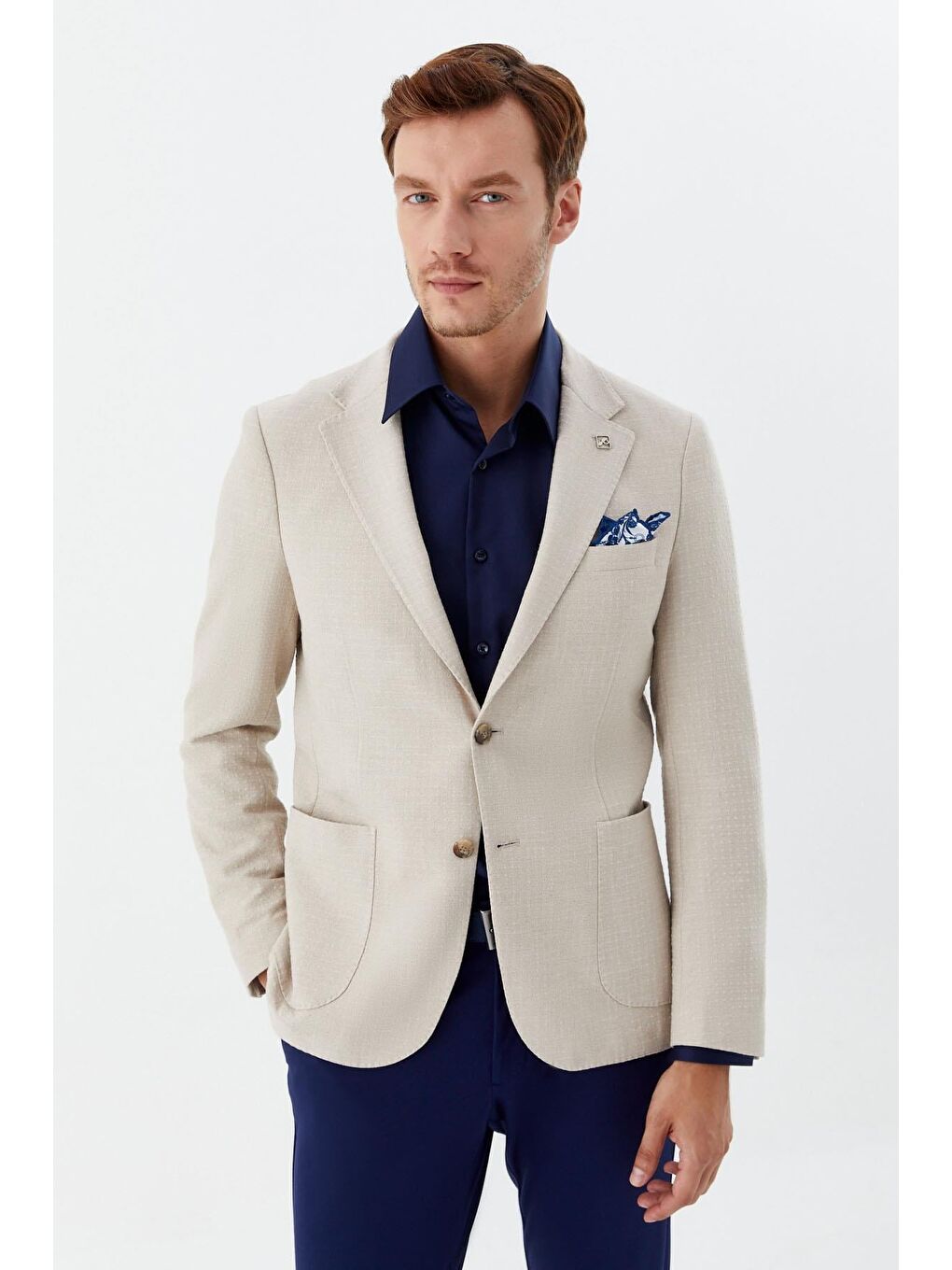 Bej Mono Yaka Keten Karışımlı Erkek Blazer Ceket