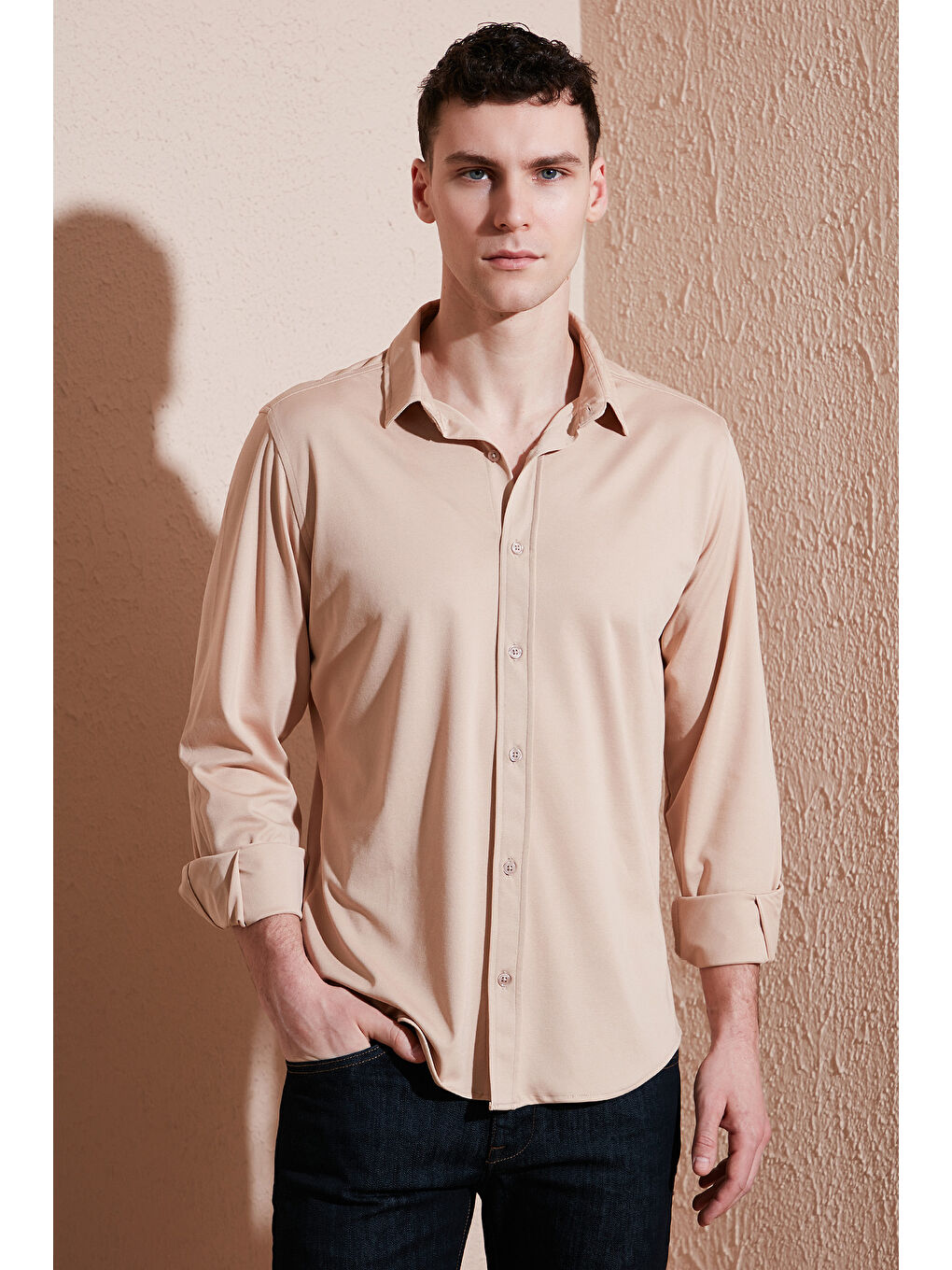 Bej Pamuklu Regular Fit Düz Yaka %100 Pamuk Gömlek CF25S119628