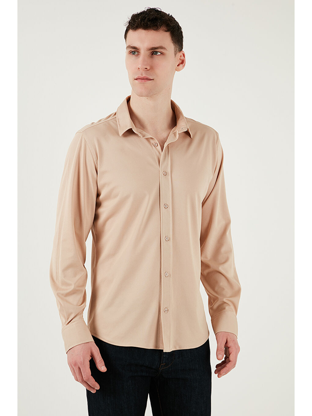 Bej Pamuklu Regular Fit Düz Yaka %100 Pamuk Gömlek CF25S119628-1